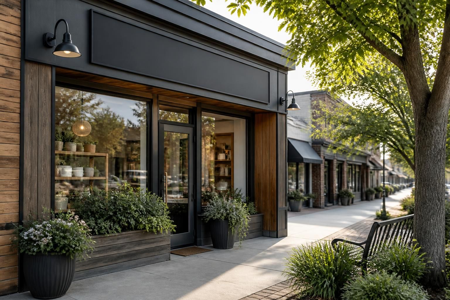 Well-kept storefront with tidy landscaping in natural light.
