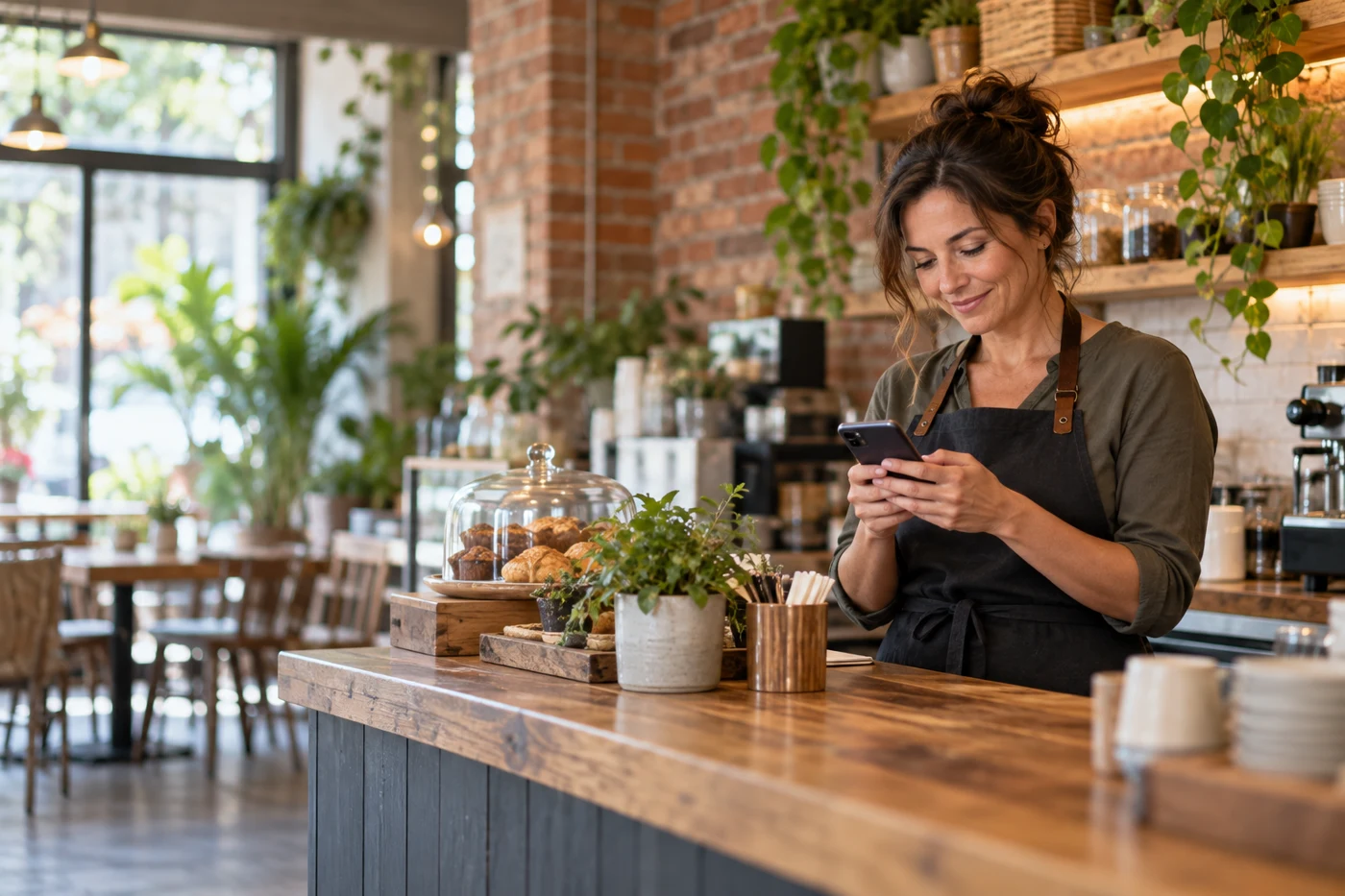 Small business owner reviewing a customer message