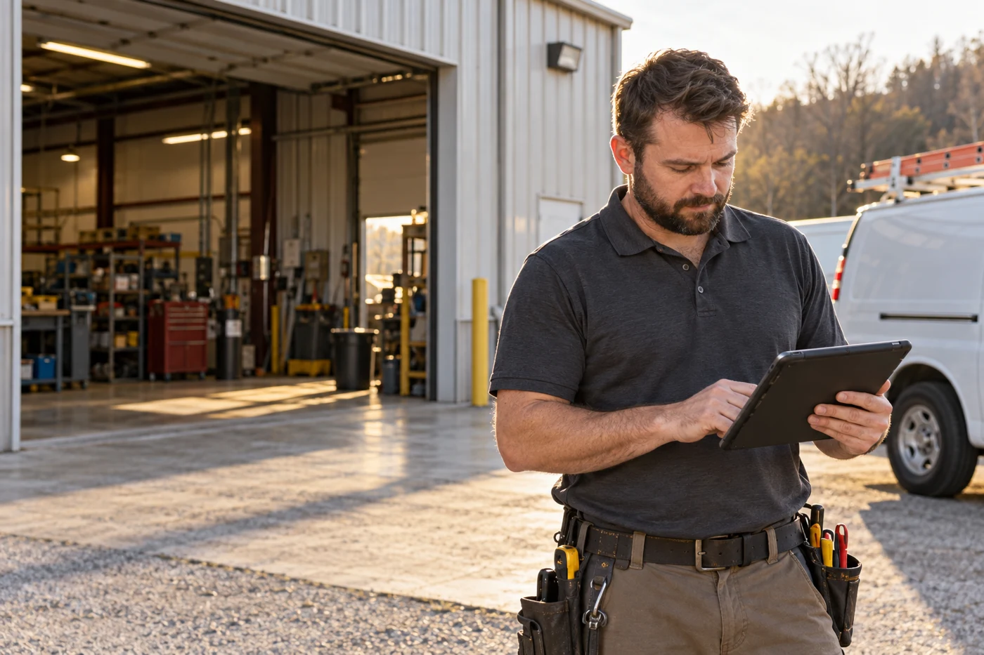 Contractor reviewing customer details at a workshop